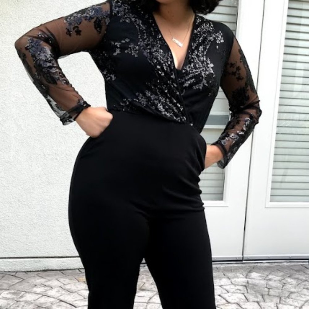 Sequined Black Jumpsuit with Mesh Sequined Sleeves